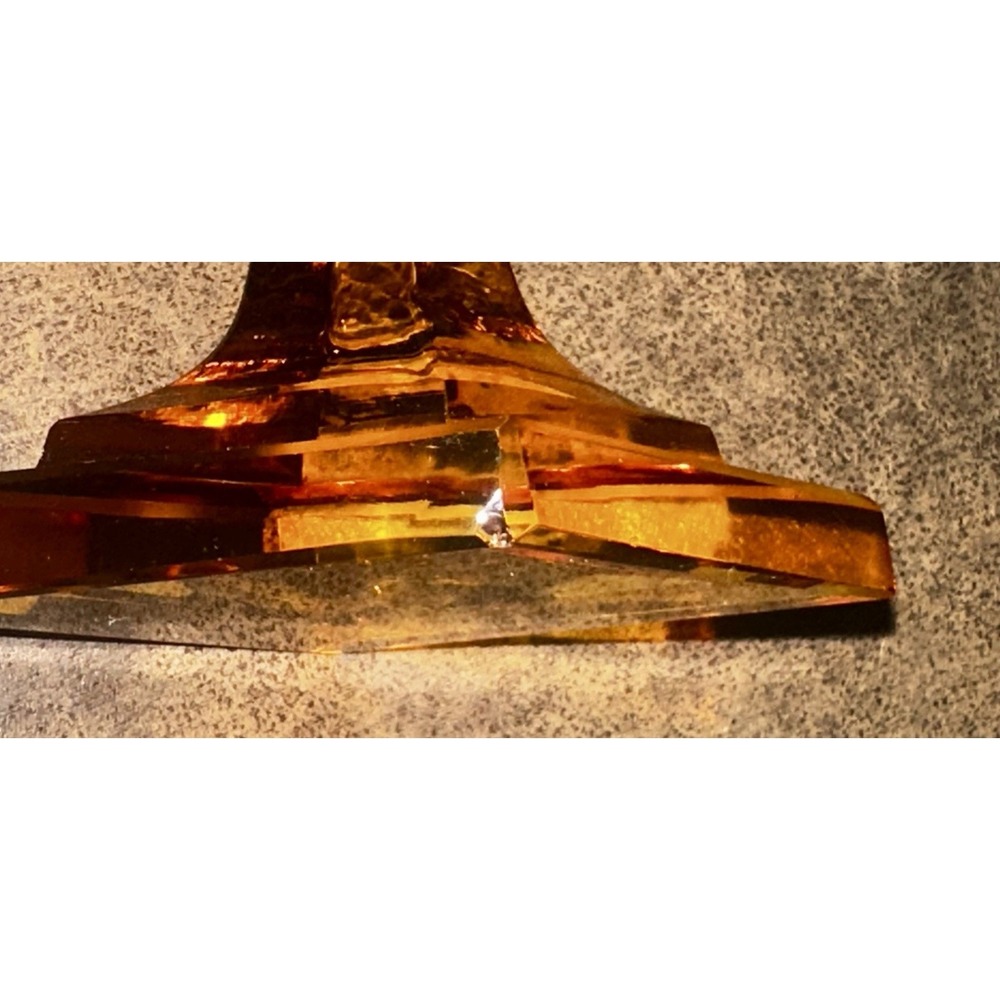 Antique Bohemian Amber Cut Clear Crystal Pedestal Salt Cellar Bowl Etched Art - Picture 11 of 12